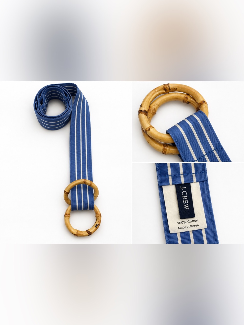 J.Crew Blue White Striped Grosgrain Belt Bamboo Rings Coastal  Preppy M/L